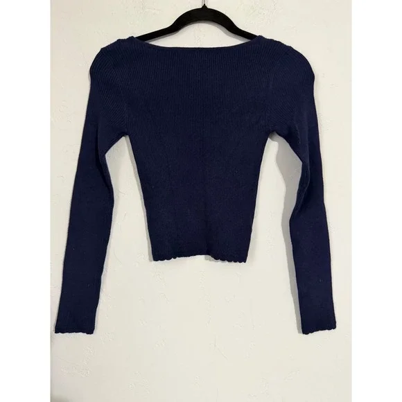 RSQ Navy Blue Ribbed Square Neck Long Sleeve Cropped Sweater Small - Picture 4 of 4